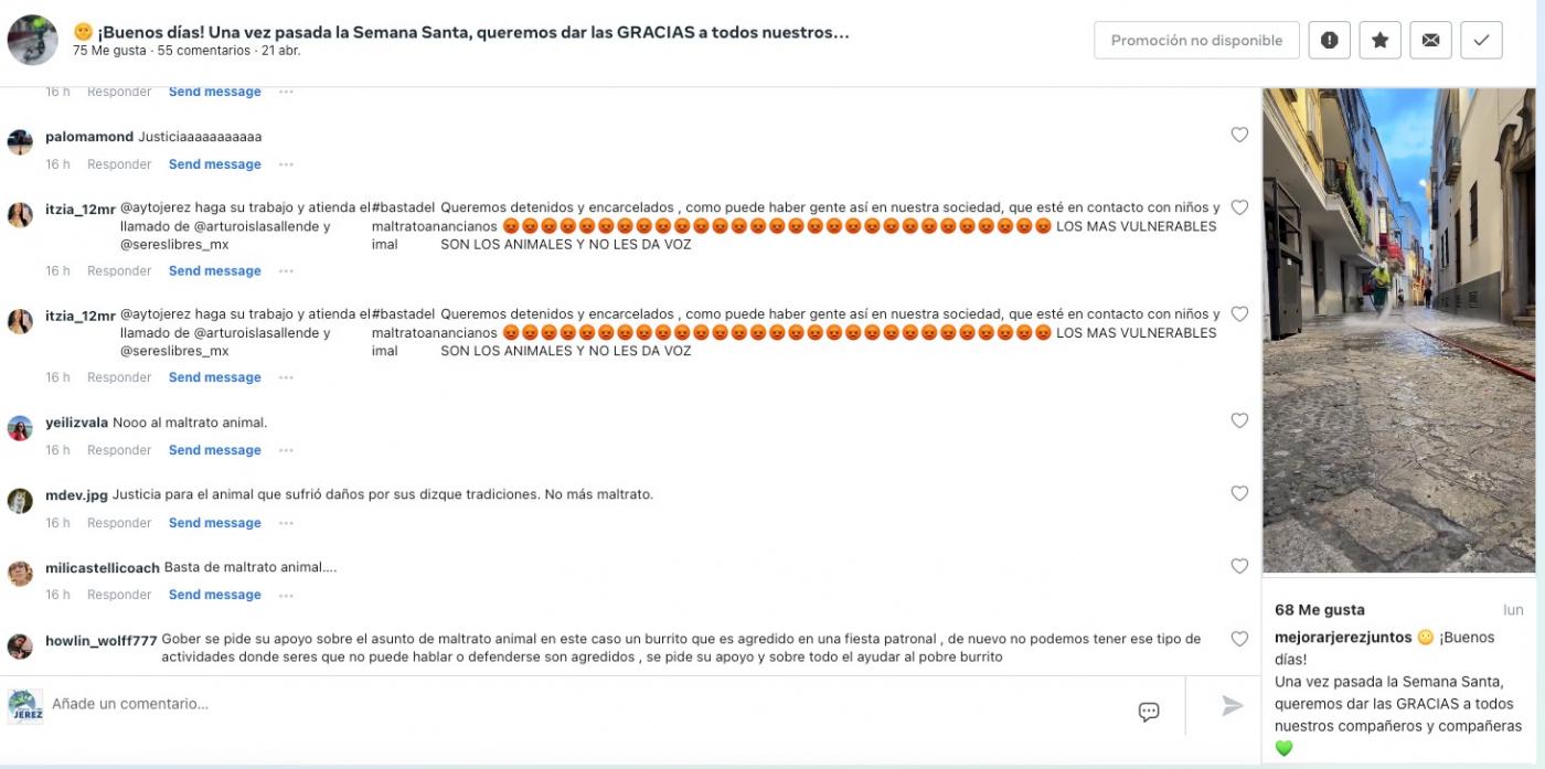 Mensajes en un post de Jerez UTE contra Jerez, por error Instagram