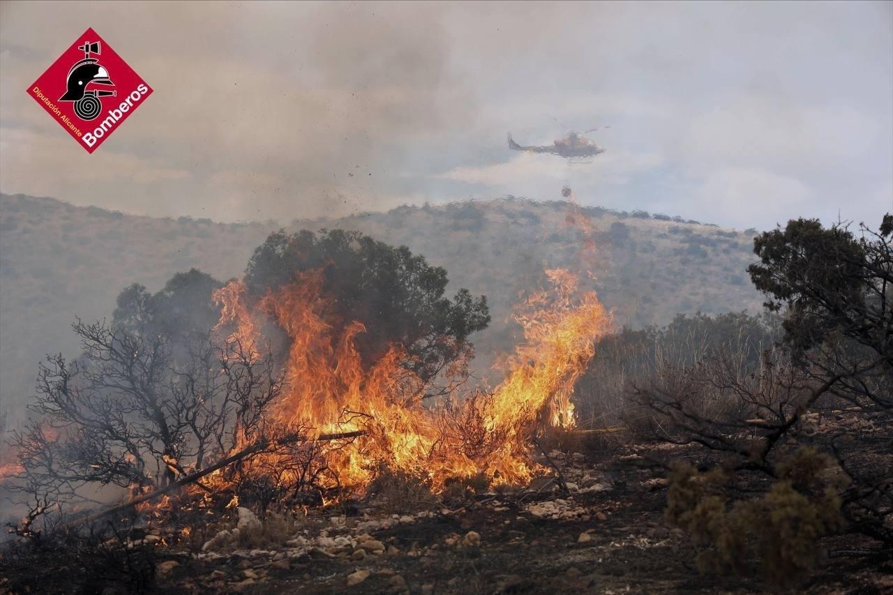 Diez medios aéreos y cien efectivos luchan contra el incendio de Alicante
