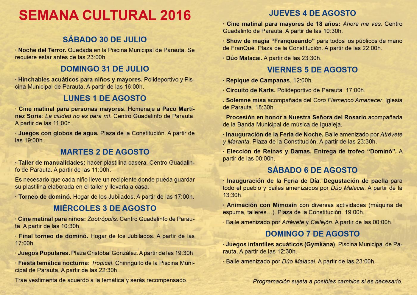 PROGRAMACIÓN SEMANA CULTURAL SEMANAL 